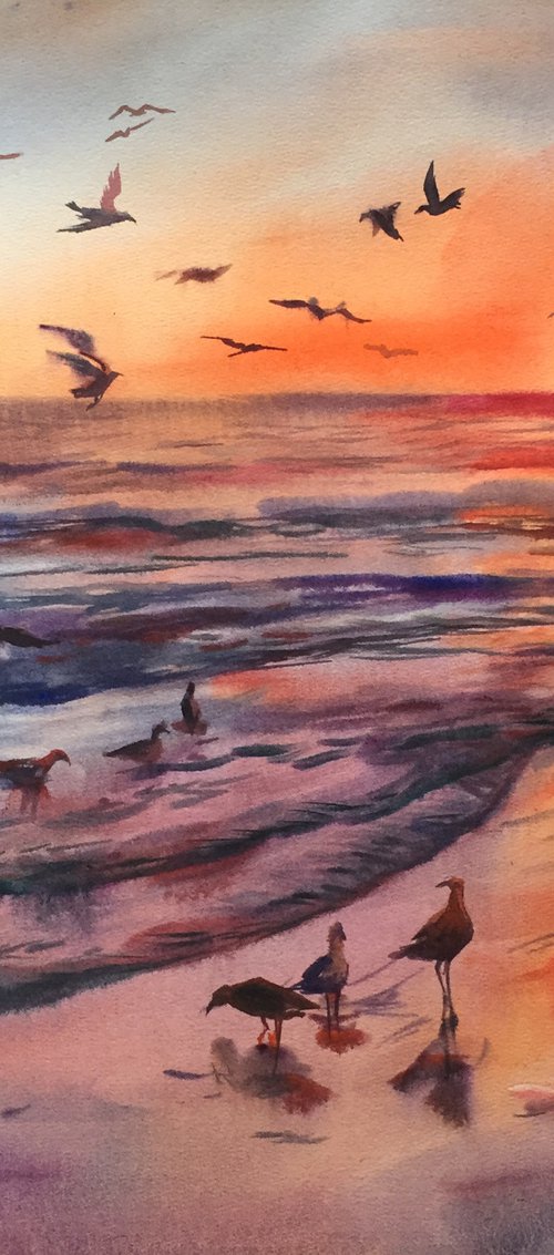 Sunset at sea. Seascape watercolor. by Natalia Veyner