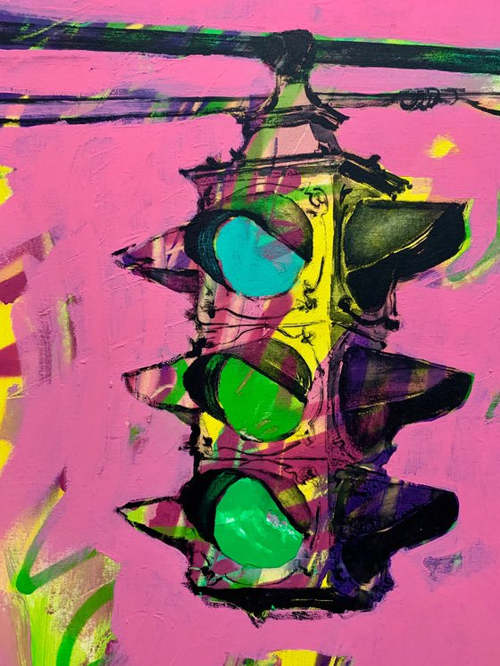 Pink vertical painting - "GO" - Pop Art - Street Art - Traffic light - Urban Art