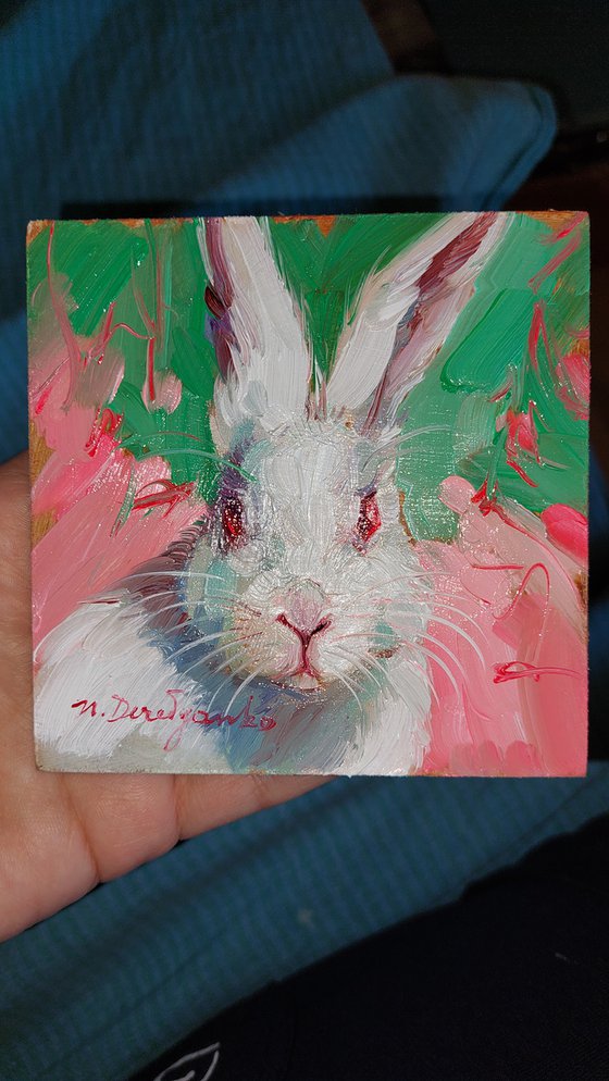Cute rabbit painting original oil framed 10x10 cm, Small framed art white rabbit artwork