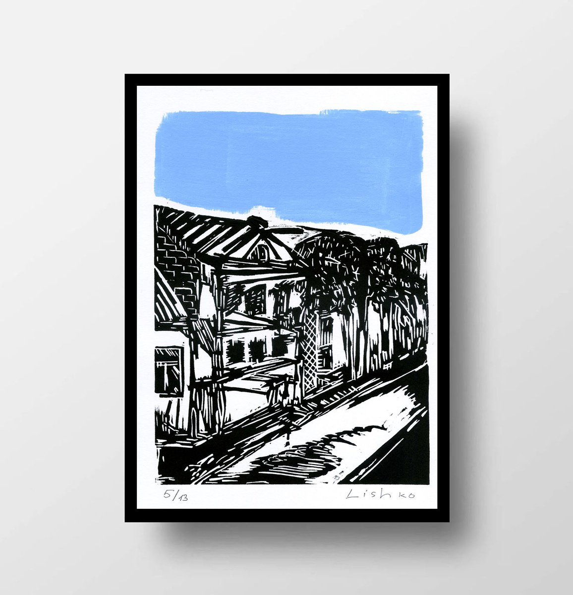 Expressive Cityscapes Linocut By V. Lishko, 6 X 8", Houses, Original Artwork