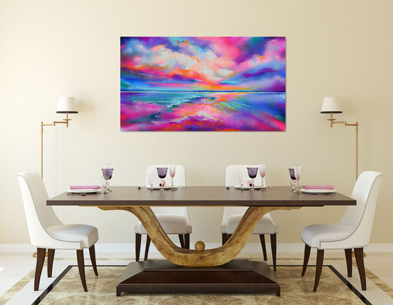 New Horizon 170 - 140x80 cm, Colourful Seascape, Sunset Painting, Impressionistic Colorful Painting, Large Modern Ready to Hang Abstract Landscape, Pink Sunset, Sunrise, Ocean Shore