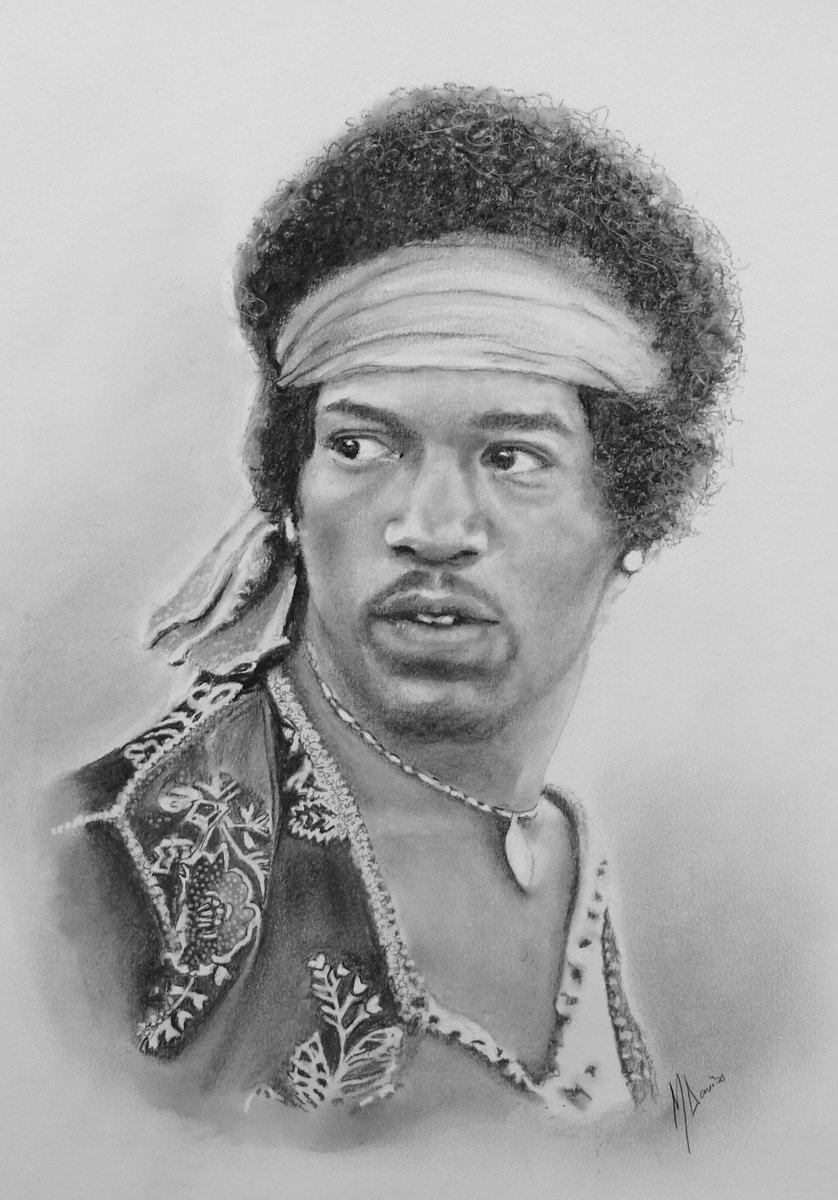 Photorealistic Portrait Charcoal Drawing By Mel Davies Original Art, 12 X 17", Jimi Hendrix, Original Artwork