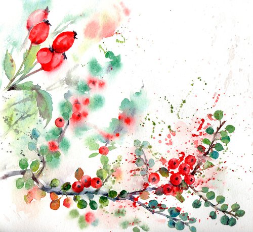 Winter berries, Original loose floral watercolour by Anjana Cawdell