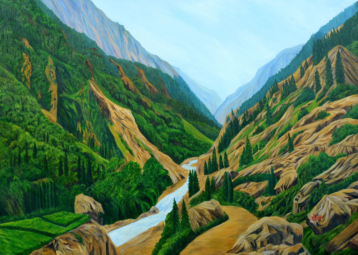 Impressionistic Landscape Oil Painting By Ajay Harit, 47 X 34, Way To Gangotri I, Original Artwork