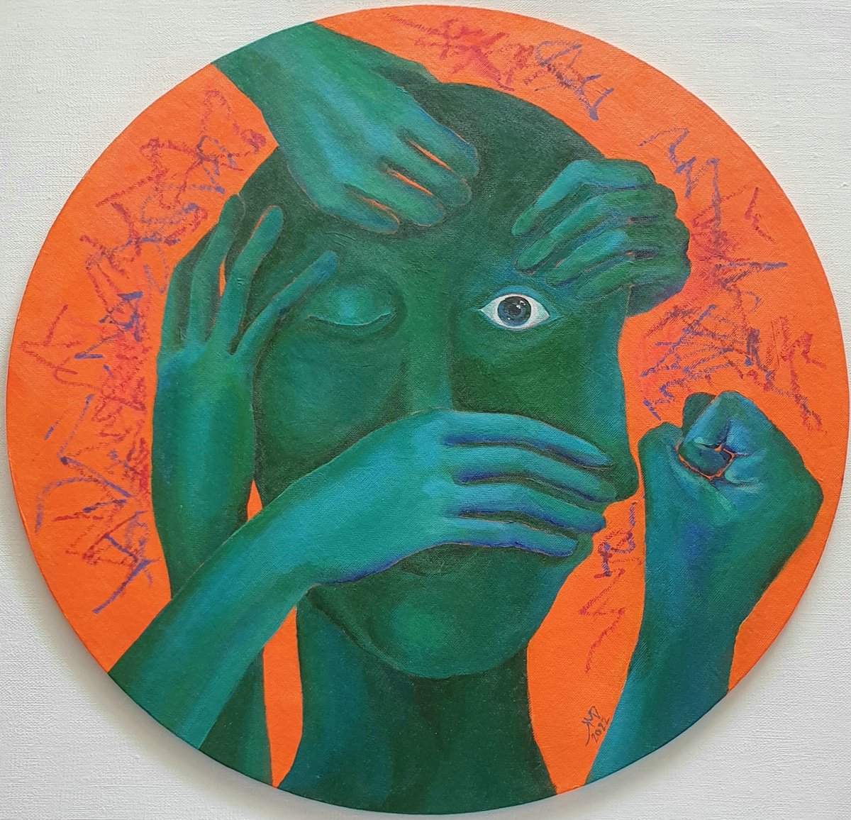 Surrealistic Portrait Acrylic Painting By Ksenia June, 16 X 16", 45Th Day, Original Artwork