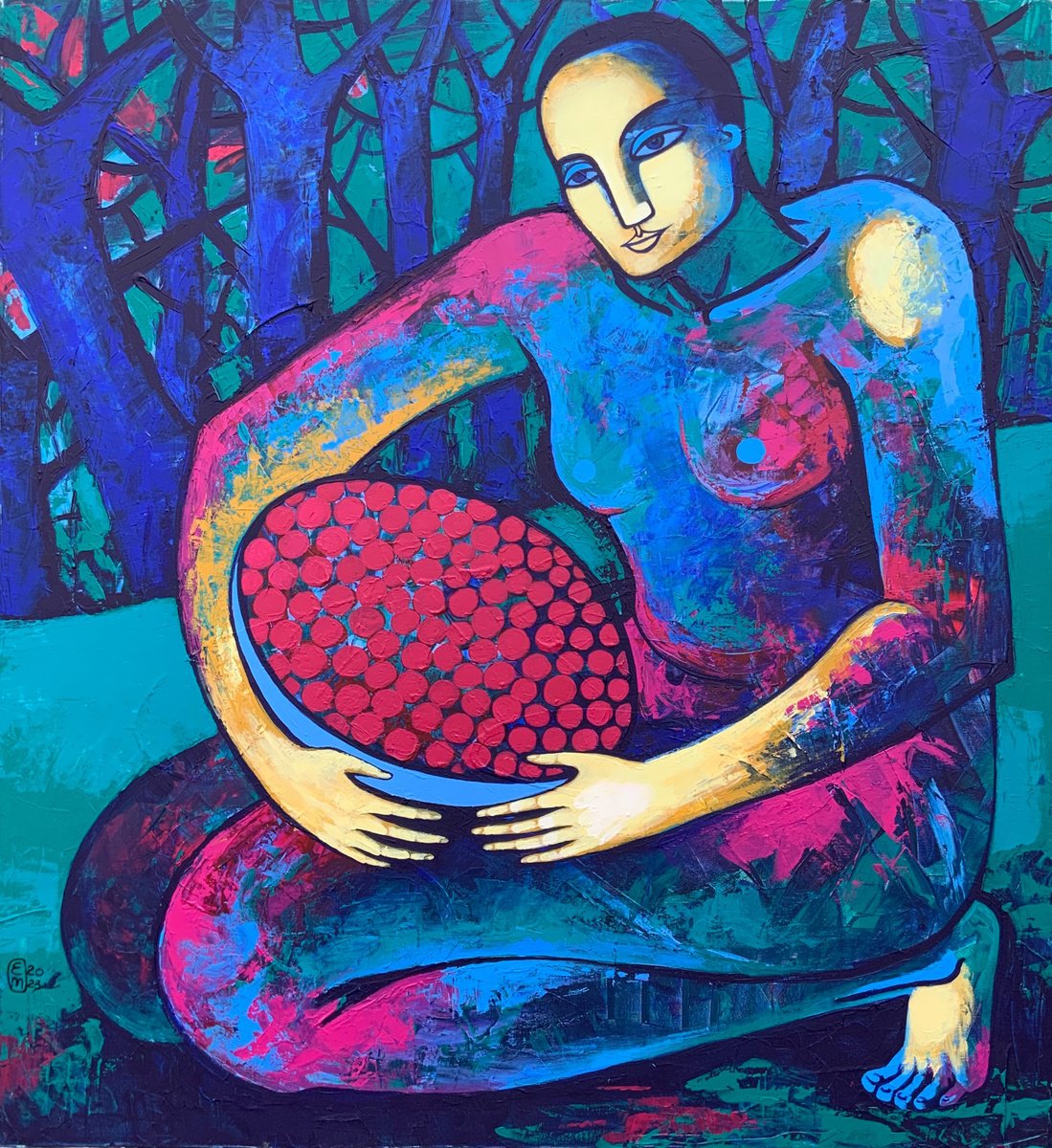 Surrealistic Portrait Acrylic Painting By Elena Tomilova, 35 X 39, Harvest, Original Artwork