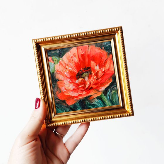 Poppy small painting original, Red flowers oil painting framed, Small floral wall art 4x4 in frame