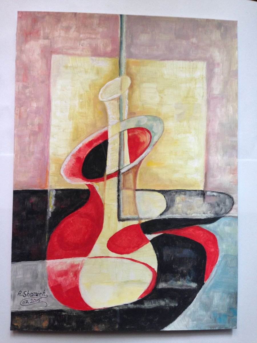 Abstract Still Life Painting By Abdelrahman Shamieh, 12 X 16, Red Vase, Original Artwork