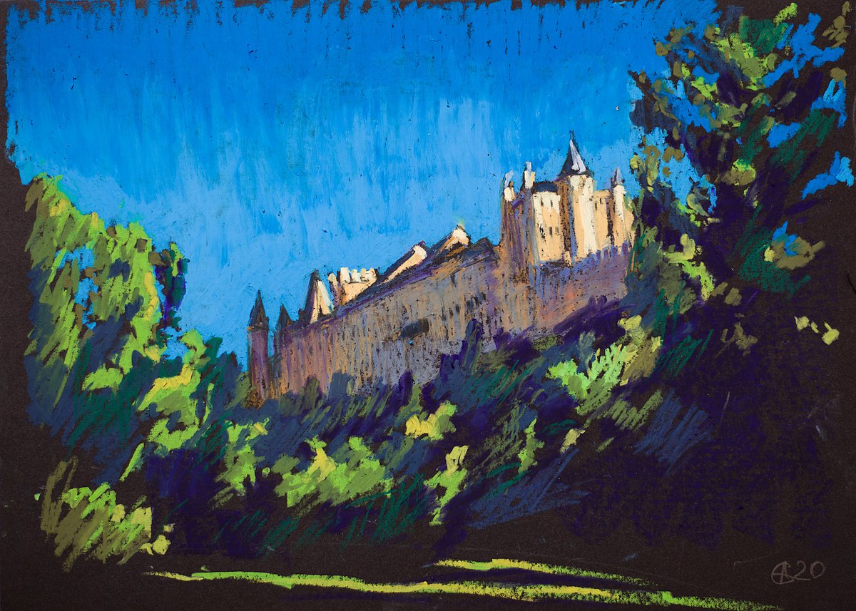 Alcazar de Segovia. Oil pastel painting. Small painting landscape decor travel interior su... by Sasha Romm
