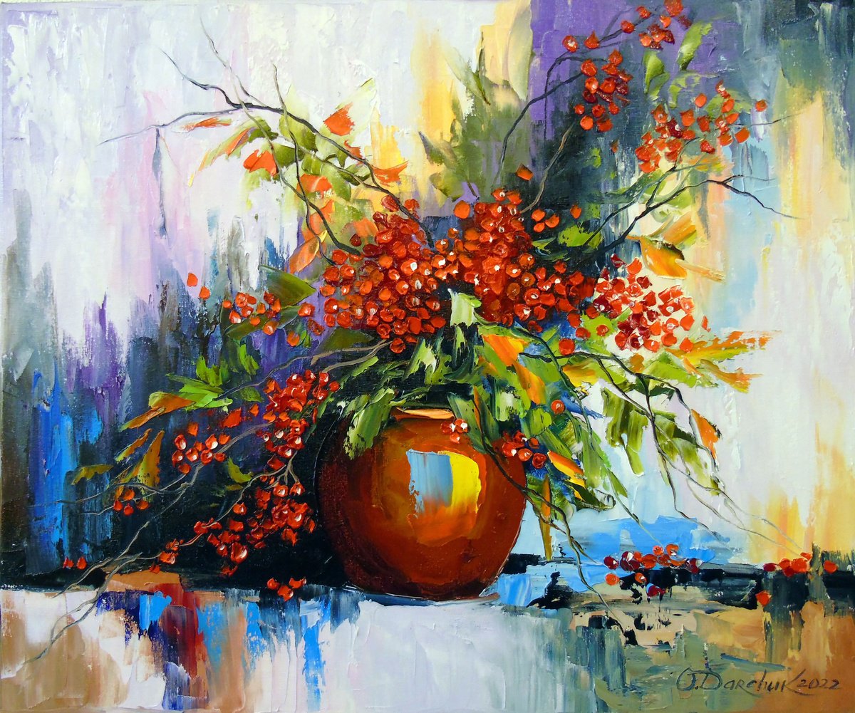 Impressionistic Botanical Oil Painting By Olha Darchuk, 24 X 20", A Bouquet Of Viburnum, Original Artwork
