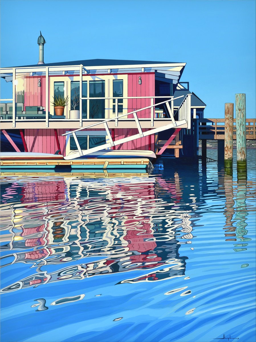 Photorealistic Landscape Acrylic Painting By Alex Nizovsky, 30 X 40, Sausalito Pink Houseboat, Original Artwork