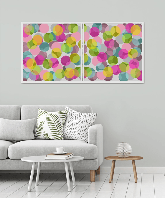 Abstract multicolored bright circles pink gray green turquoise- Diptych #1 & #2