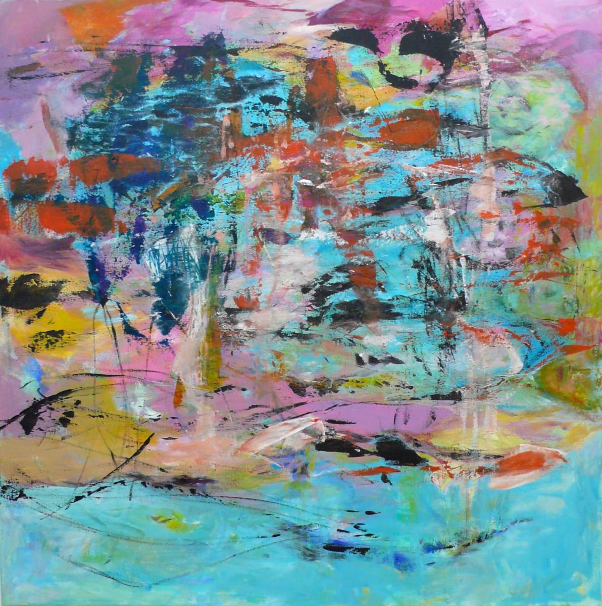 Expressive Abstract Acrylic Painting By Christel Haag, 35 X 35, Phantoms Of The Sea, Original Artwork