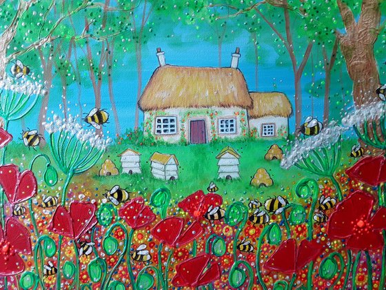 The Bee Keepers Cottage - Summer Painting - Thatched Cottage - Bumblebees - Bee Art