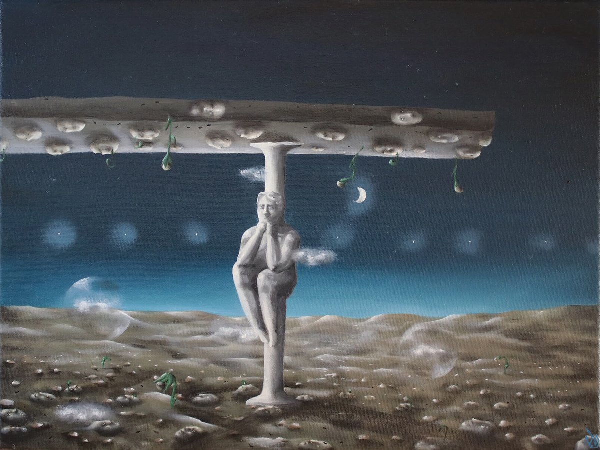 Surrealistic Landscape Oil Painting By Vanessa T Stefanova, 16 X 12", Surface Level People, Original Artwork