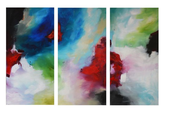 Elusive thought I had had moments before, 48"x72" (121 cm x 182 cm), magenta, lime green and blue large abstract triptych