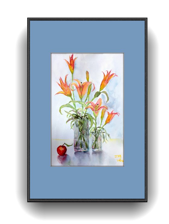 Lilies in vases with fruit