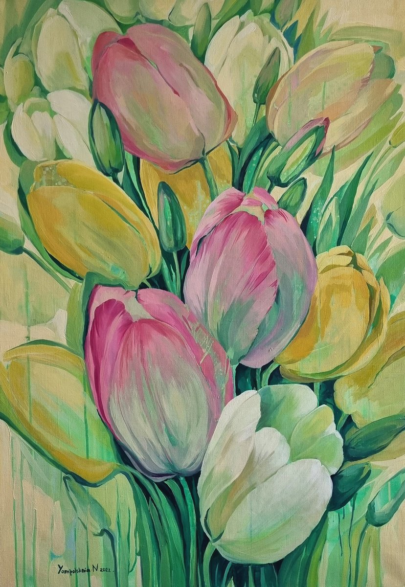 Impressionistic Botanical Oil Painting By Natalia Yampolskaia, 28 X 39", Tulips. Spring, Original Artwork
