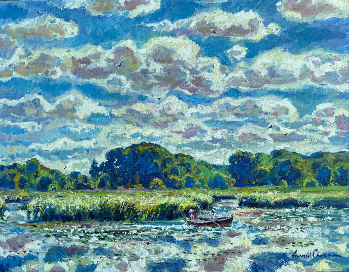 Impressionistic Landscape Oil Painting By Andrii Chebotaru, 35 X 28, Where The Sky Meets The Water, Original Artwork