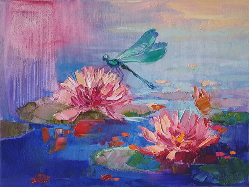 Lilies and dragonfly by Mary Voloshyna