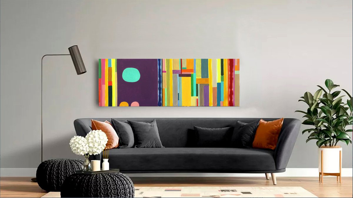 Geometric Abstract Acrylic Painting By Sergiy Dekalyuk, 59 X 20", Composition With An Emerald Circle, Original Artwork