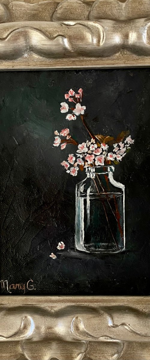 Cherry Blossoms  in a glass vase 5x7 on gessoed panel board by Mary Gullette