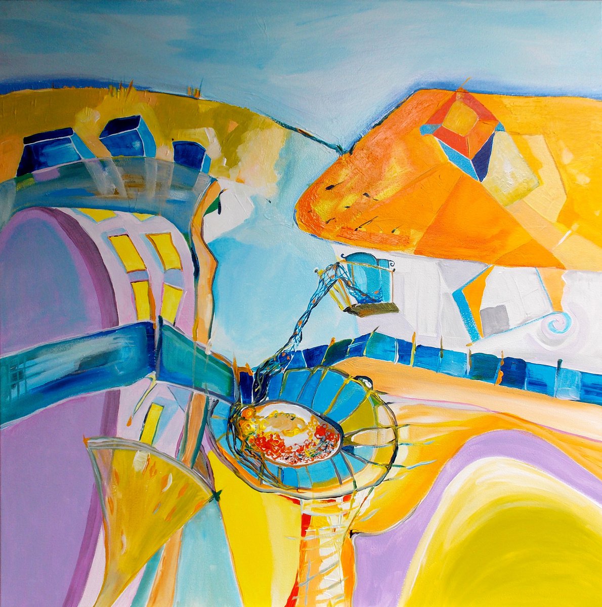 Abstract Cityscapes Acrylic Painting By Maria Paunova, 31 X 31", Escape From Reality, Original Artwork