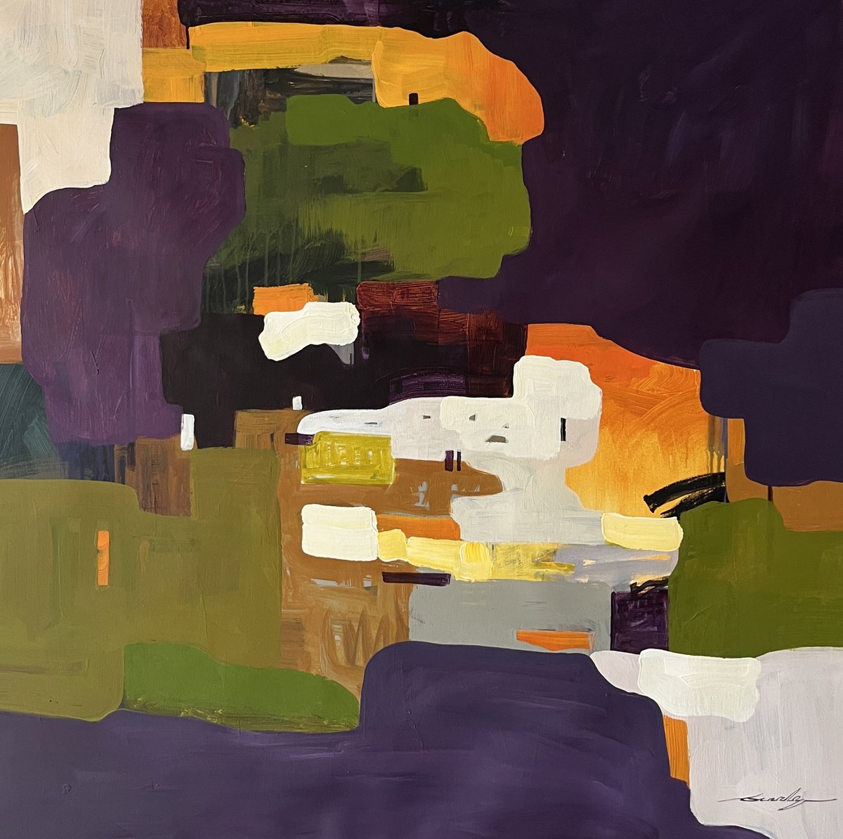 Abstract Cityscapes Acrylic Painting By Jacob Burda, 36 X 36, Through The Evening City, Original Artwork