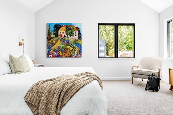 Sunny day with cozy house in colorful garden. Bright impressionistic fairytale floral landscape fantasy flowers. Hanging large positive relax naive fine art for home decor, inspiration by Matisse and Klimt