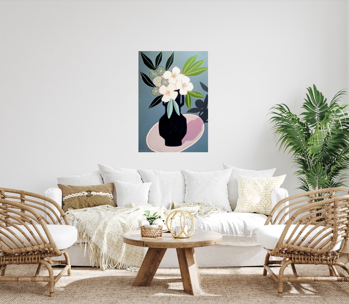 Impressionistic Still Life Painting By Marisa Anon, 25 X 37", Spring Florals In Blue Ii, Original Artwork