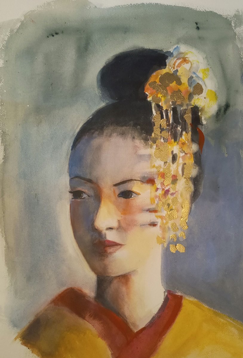 Expressive Portrait Watercolour By Marina Del Pozo, 14 X 20", Gheisa #4, Original Artwork