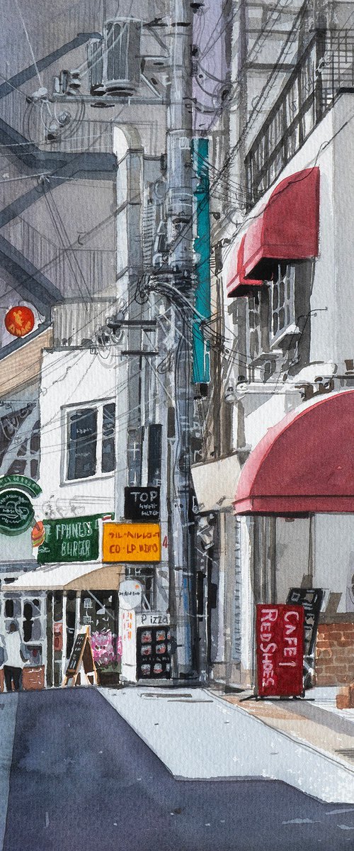 Shopping Alley with Red Awnings 30x40cm by Masato Watanabe