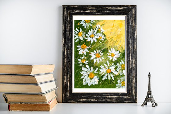 Daisy Painting Floral Original Art OIl Painting Chamomile Meadow Abstract Flowers Impasto Pallete Knife Small Home Wall Art 6 by 8"