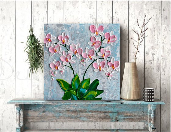 Pink Orchid - Impressionist Flower Painting, Palette Knife Art