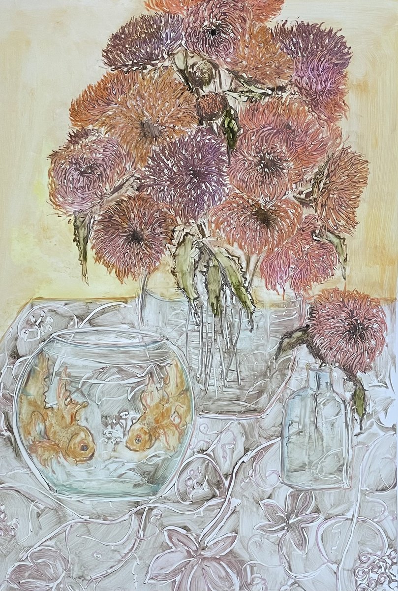 Impressionistic Botanical Oil Painting By Maija Nochevnaya, 17 X 24", Asters In A Vase., Original Artwork