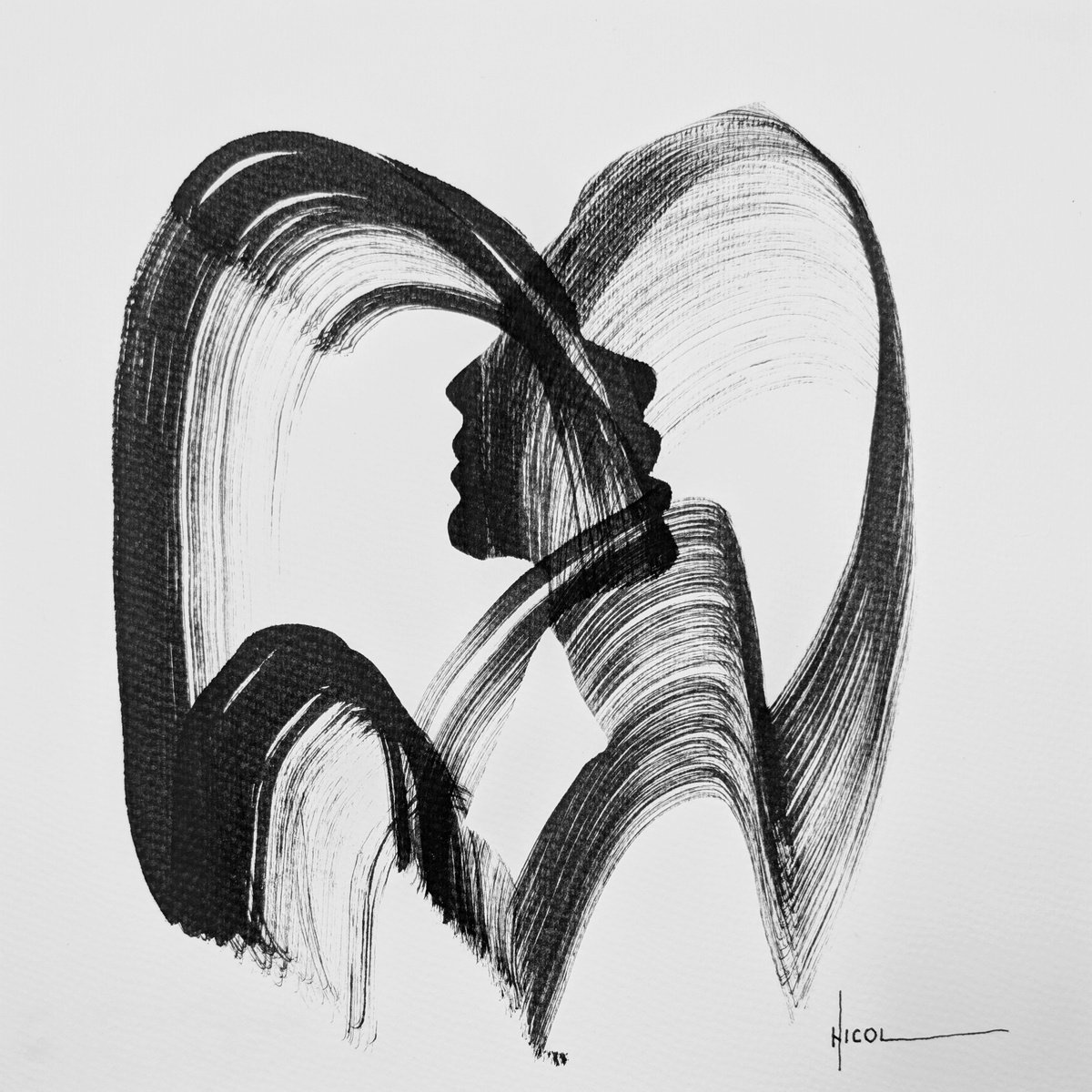 Expressive Portrait Ink Drawing By Nicol Vacaru, 10 X 10", Intersecting Souls, Original Artwork