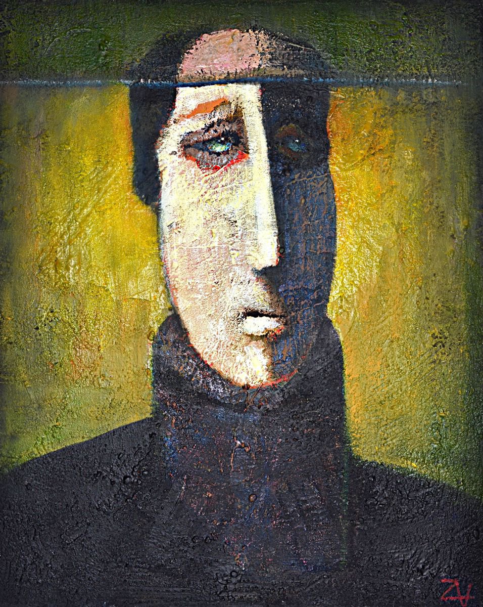 Surrealistic Portrait Acrylic Painting By Zhana Viel, 16 X 20", The Man Without A Hat, Original Artwork