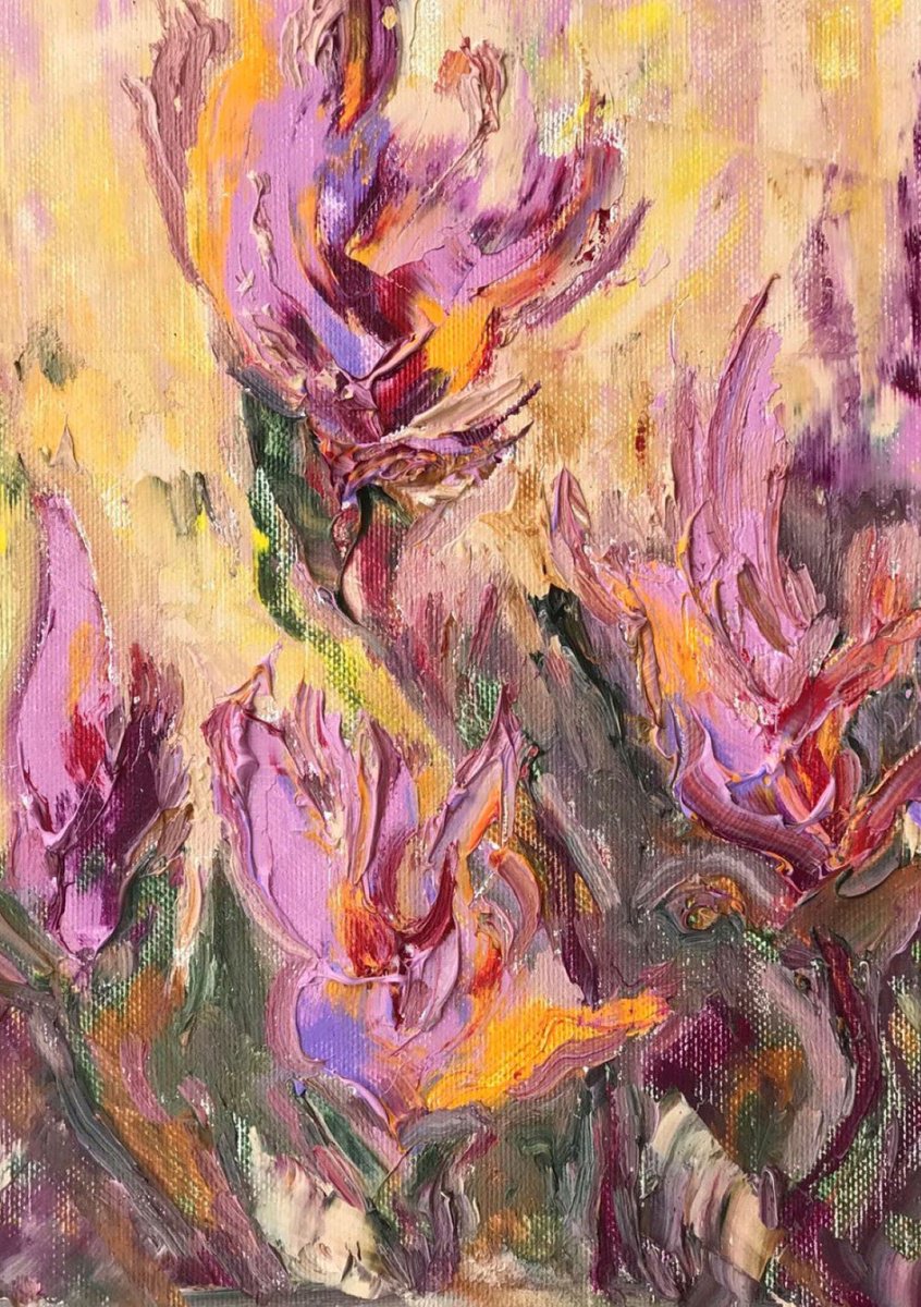 Abstract Botanical Oil Painting By Tetiana Pchelnykova, 8 X 12", Irises, Original Artwork