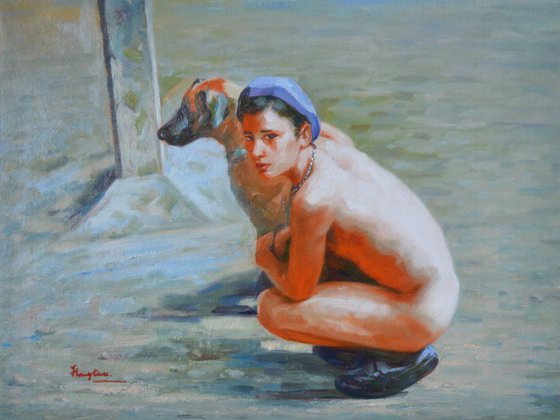 ORIGINAL CLASSICAL REALISM OIL PAINTING ART MALE NUDE  MEN AND DOG ON CANVAS#11-10-09