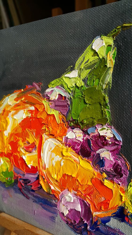 Orange, Painting still life, oil painting, fruit on the table, canvas painting, impressionism, still life palette knife