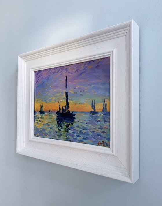 Sunset  at sea With Boats. Original Impressionist Oil Painting.