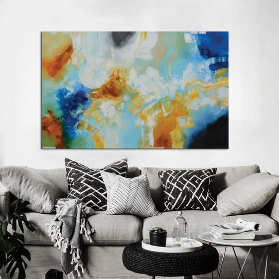 Blue abstract painting - Cool Rush - blue, yellow and white abstract painting