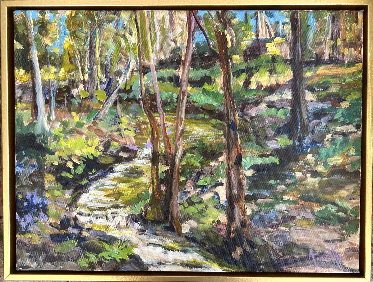 Impressionistic Landscape Acrylic Painting By Annette Wolters, 17 X 13, River Retreat, Original Artwork