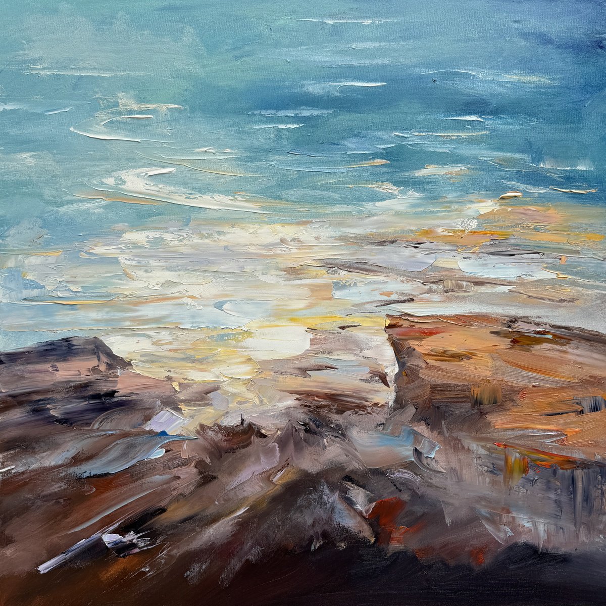 Impressionistic Landscape Oil Painting By Liliana Gigovic, 30 X 30", Ocean Stories No 2, Original Artwork