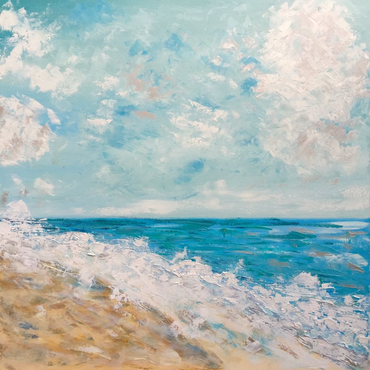 Glory at the Beach 24x24 oil on canvas with palette knife by Emma Bell