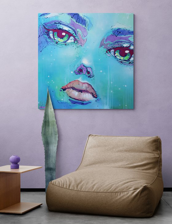 Mesmerizing head in oceanic blue surreal urban pop art: Heminea