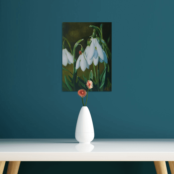 "Guest."  flower snowdrops ladybug  liGHt original painting  GIFT (2020)