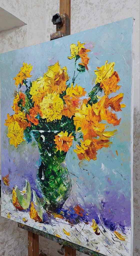 Still life - Yellow flowers (100x80cm, oil painting, palette knife)