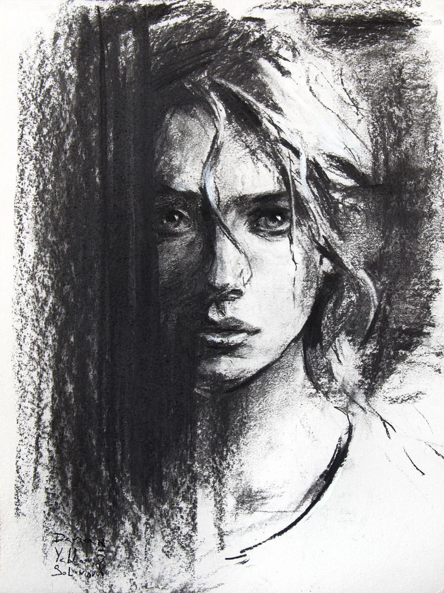 Impressionistic Portrait Charcoal Drawing By Daria Yablon-Soloviova, 12 X 17, Emerging From Shadow, Original Artwork