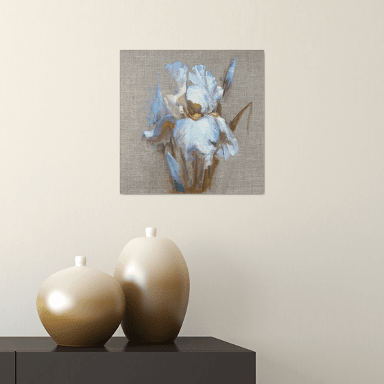 White  iris on raw canvas